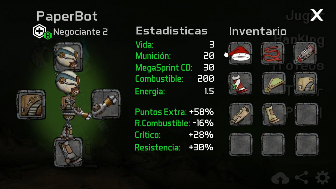 Paperbot character screen showing health, ammunition, fuel and equipment statistics.