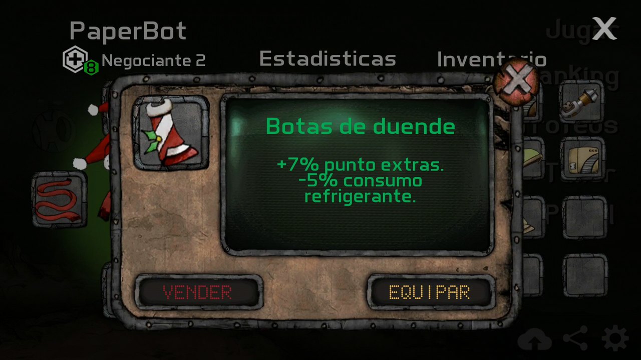 Paperbot inventory with equipment slots and a selected pair of boots.