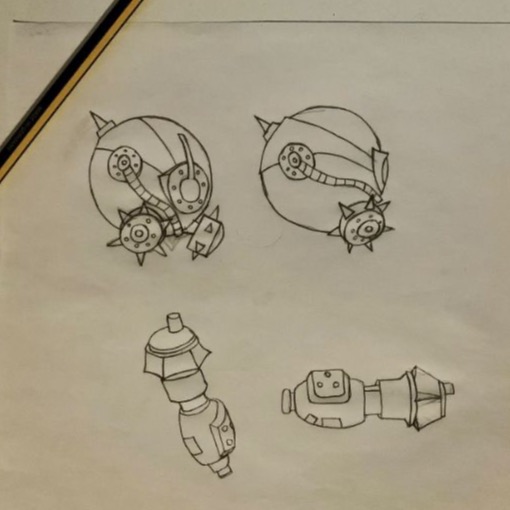 Pencil studies of Paperbot's mechanical head and arm from several angles.