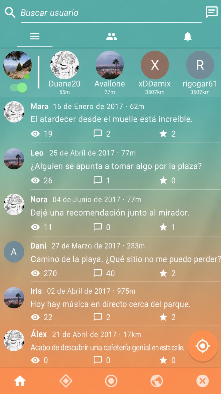 Wysh mobile activity feed with posts and profile shortcuts.